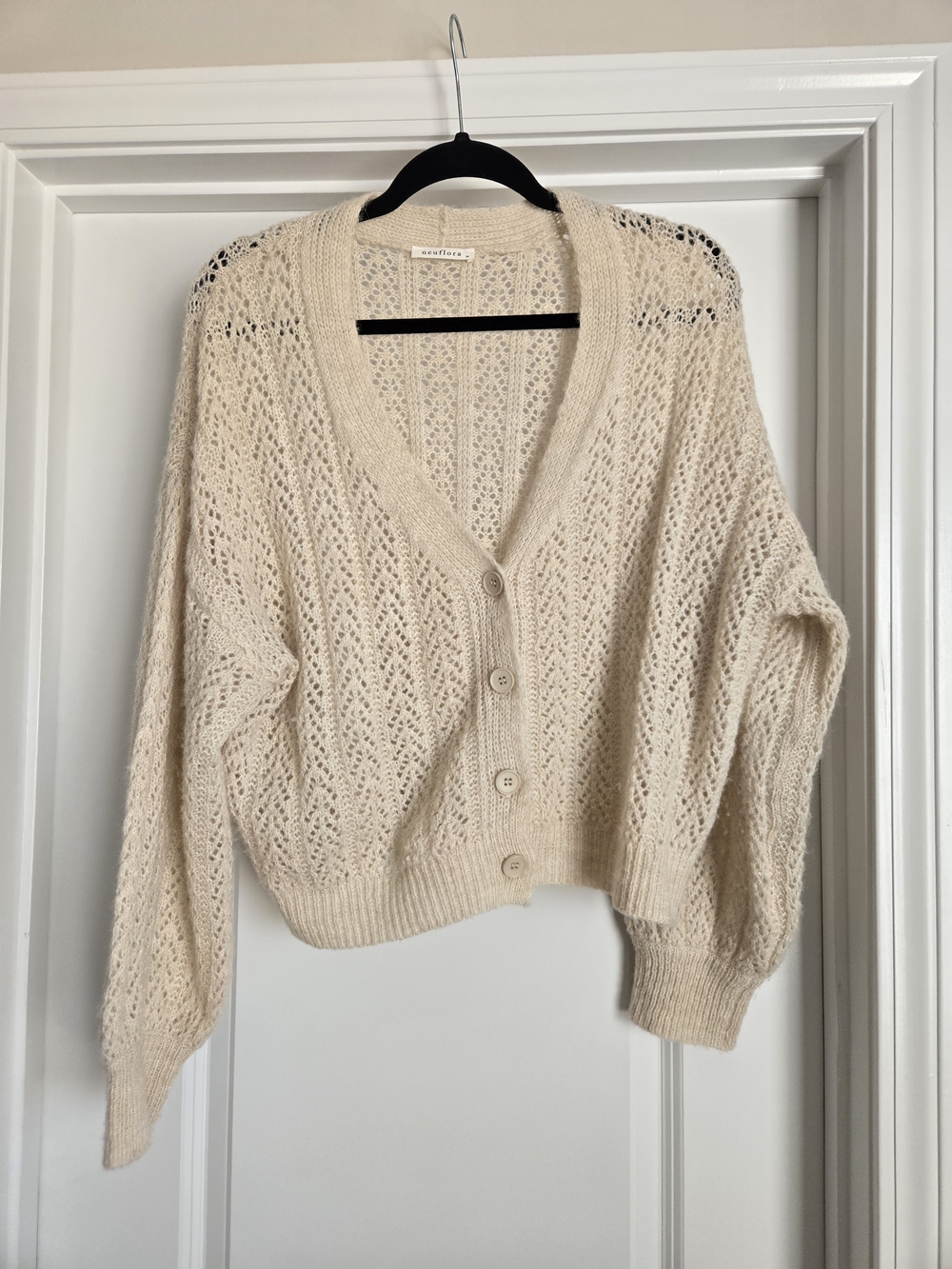 Open-Knit Cream Button-Up Cardigan Sweater
